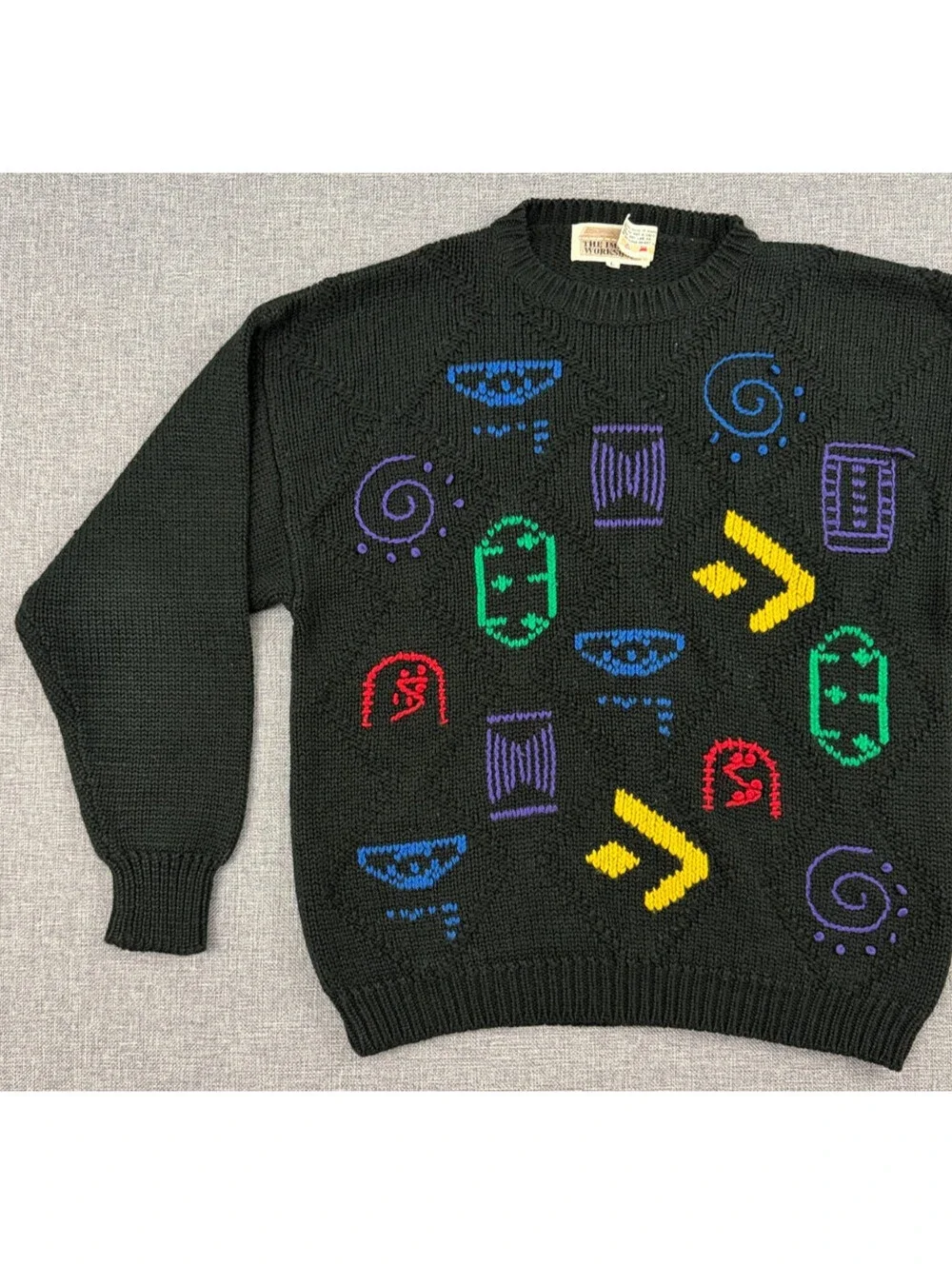 Vintage Abstract Geometric Black Raised Knit Sweater Size M The Import Workshop